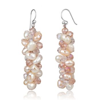 SUVANI Genuine Pink and White Cultured Freshwater Pearl Cluster Bead Crystal Dangle Hook Earrings 1.6''
