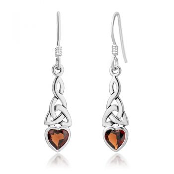 925 Sterling Silver Celtic Knot Red Garnet Gemstone Heart Drop Dangle Hook Earrings