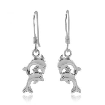 SUVANI 925 Sterling Silver Two Jumping Dolphins Porpoise Dangle Hook Earrings