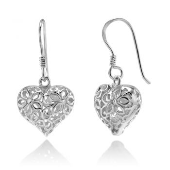 SUVANI Sterling Silver Filigree Flora Flower Open Puffed Heart Dangle Hook Earrings