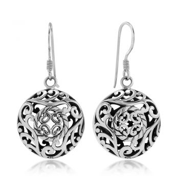 SUVANI925 Oxidized Sterling Silver Asian Inspired Detailed Open Filigree Round Dangle Hook Earrings