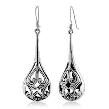 925 Sterling Silver Bali Inspired Open Filigree Puffed Teardrop 1.8 inch Dangle Hook Earrings