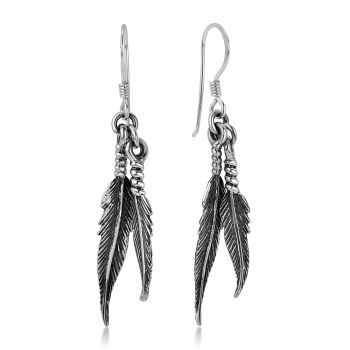 SUVANI 925 Oxidized Sterling Silver Vintage Native American Dangling Bird Feather Dangle Hook Earrings 1.8"