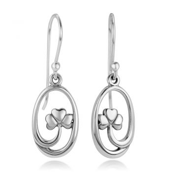 925 Sterling Silver Open Four Leaf Clover, Symbol of Good luck, Oval Shape Dangle Hook Earrings 1.2"