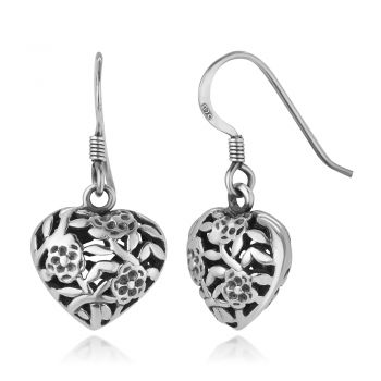 SUVANI 925 Oxidized Sterling Silver Open Filigree Flower Design Puffed Heart Dangle Hook Earrings 1.06 "