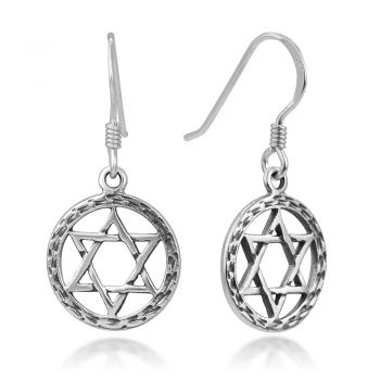 SUVANI 925 Oxidized Sterling Silver Open Hexagram Geometric Star Symbol Round Dangle Hook Earrings 1.14"