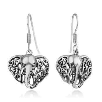 SUVANI 925 Oxidized Sterling Silver Filigree Wild African Elephant Head Dangle Hook Earrings 1.2 Inches