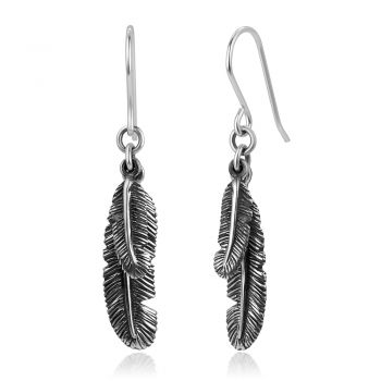 SUVANI 925 Oxidized Sterling Silver Vintage Double Bird Feather Dangling Hook Earrings 1.57 inches