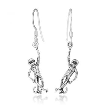 SUVANI 925 Oxidized Sterling Silver Hanging Monkey Ape Baboon Dangle Hook Earrings, 40 mm