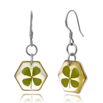 SUVANI Sterling Silver Real Four (4) Leaf Clover Symbol of Good Luck Hexagon Dangle Hook Earrings 1.25"