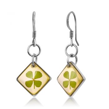 925 Sterling Silver Real Four (4) Leaf Clover Symbol of Good Luck Square Dangle Hook Earrings 1.1"