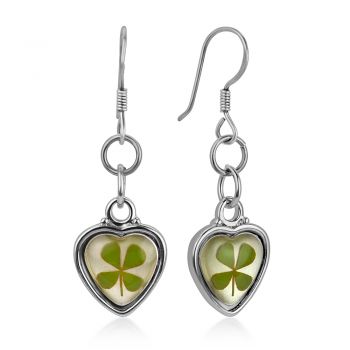 925 Sterling Silver Real Four (4) Leaf Clover Symbol of Good Luck Heart Dangle Hook Earrings 1.2"