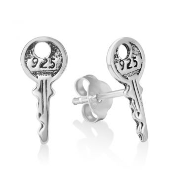 SUVANI Oxidized Sterling Silver Tiny Yale Key Post Engraved 925 Post Stud Earrings 13 mm