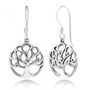 SUVANI 925 Sterling Silver Ancient Tree of Life Symbol Cut Open Round Dangle Hook Earrings, 32 mm