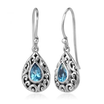 SUVANI Sterling Silver Filigree Bali Inspired Blue Topaz Gemstone Teardrop Dangle Hook Earrings 1.1"