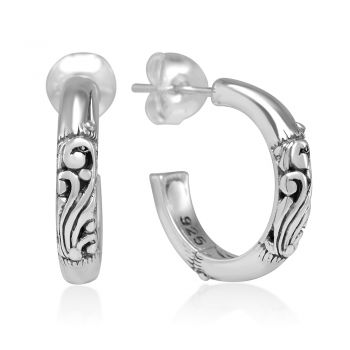 925 Stelring Silver Bali Inspired Filigree Tribal Bamboo Design Half Hoop Earrings 18mm