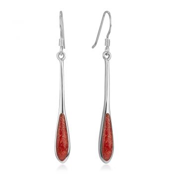 SUVANI Sterling Silver Natural Red Sea Bamboo Coral Inlay Elegant Long Teardrop Hook Earrings 1.85"