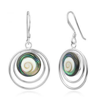 925 Sterling Silver Adorable Shiva Eye Shell Inlay Multi-Circle Round Dangle Hook Earrings 1.3"