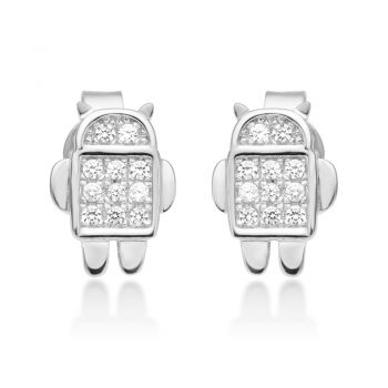 925 Sterling Silver White CZ Little Android Robot Symbol Post Stud Earrings 9 mm