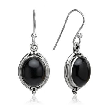 SUVANI 925 Oxidized Sterling Silver Black Onyx Gemstone Oval Shaped Vintage Dangle Hook Earrings 1.3"