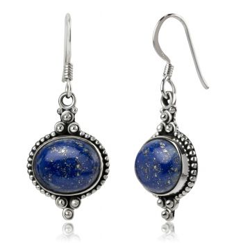 SUVANI 925 Sterling Silver Lapis Lazuli Gemstone Indian Inspired Vintage Oval Dangle Hook Earrings 1.5"
