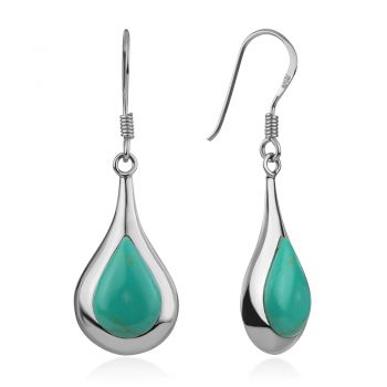 SUVANI Sterling Silver Inlay Puffed Teardrop Shaped Blue Turquoise Dangle Hook Earrings 1.4 Inches