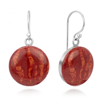 925 Sterling Silver Natural Red Sea Bamboo Coral Inlay Classic Round Dangle Hook Earrings 1"