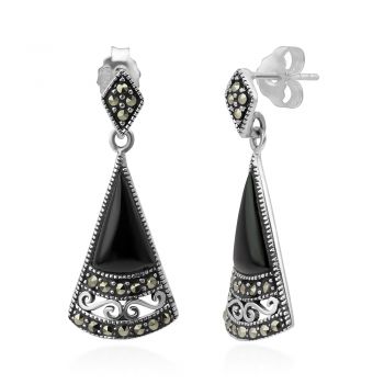 Sterling Silver Elegant Natural Black Onyx Marcasite Filigree Fan-Shaped Post Dangle Earrings 1.1"
