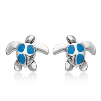 925 Sterling Silver Blue Enamel Inlay Sea Turtle Post Stud Earrings 12 mm Women Jewelry
