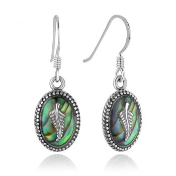 SUVANI Oxidized Sterling Silver Natural Abalone Leaf Oval Rope Dangle Hook Earrings 1.1"