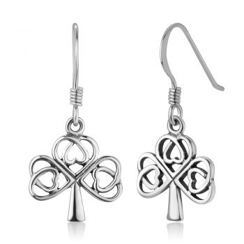 SUVANI Oxidized Sterling Silver Open Celtic Heart Three leaf Clover Dangle Hook Earrings 1.1"