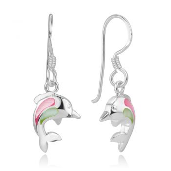 SUVANI 925 Sterling Silver Pink Green Mother of Pearl Dolphin Porpose Fish Dangle Hook Earrings 1.14 inches