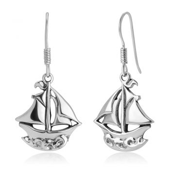 SUVANI Oxidized Sterling Silver Nautical Ocean Sailboat Dangle Hook Earrings 1.4"