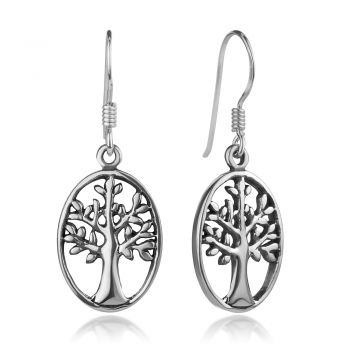 SUVANI Oxidized Sterling Silver Open Filigree Tree of life Oval Shaped Dangle Hook Earrings 1.2 inches