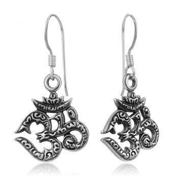 SUVANI Oxidized Sterling Silver Vintage Yoga Aum Om Ohm Sanskrit Symbol Dangle Hook Earrings 1.3"