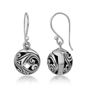 SUVANI 925 Oxidized Sterling Silver Bali Inspired Open Filigree Puffed Ball Dangle Hook Earrings 0.8"