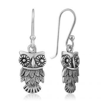 SUVANI 925 Oxidized Sterling Silver Detailed Vintage Owl Wisdom Bird Dangle Hook Earrings 1.2”