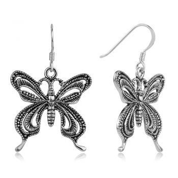 SUVANI 925 Oxidized Sterling Silver Filigree Big Butterfly Vintage Dangle Hook Earrings 1.5 inches