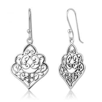 SUVANI Oxidized Sterling Silver Open Filigree Indian Mandala Flower Design Dangle Hook Earrings 1.4”
