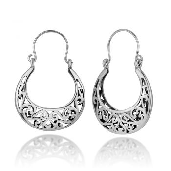 SUVANI Oxidized Sterling Silver Bali Inspired Open Filigree Symbol Hinged Half Hoop Earrings 1.4"