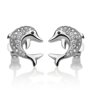 SUVANI Sterling Silver CZ Stones Jumping Playful Dolphin Fish Lovers Post Stud Earrings 14x12 mm