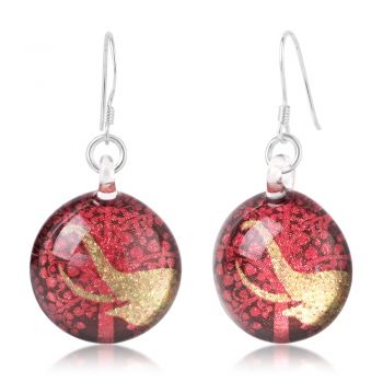 SUVANI Sterling Silver Glass Jewelry Golden Elephant Red Bodhi Tree Asian Inspired Round Earrings