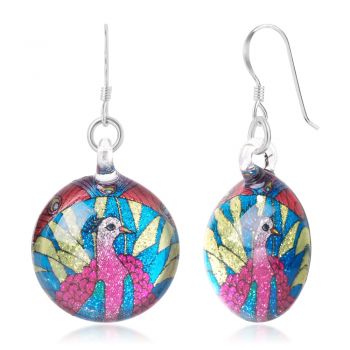 SUVANI Sterling Silver Hand Blown Glass Multicolored Peacock Art Round Dangle Earrings for Women