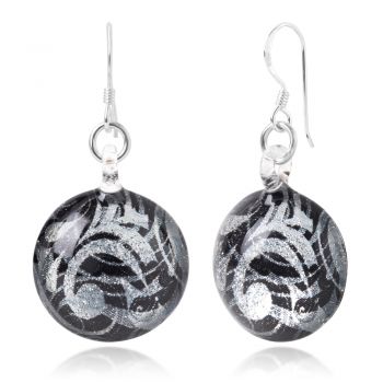 SUVANI 925 Sterling Silver Glass Jewelry Silver Black Abstract Curve Design Glitter Dangle Earrings