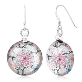 SUVANI Sterling Silver Hand Blown Glass Colorful Flowers on White Glitter Round Dangle Earrings for Women