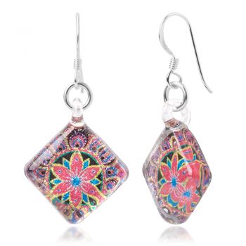 SUVANI Sterling Silver Hand Blown Glass Multi-Colored Mandala Blooming Flower Square Dangle Earrings