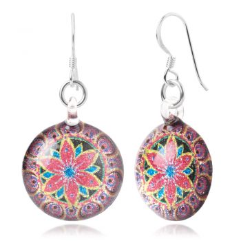 SUVANI Sterling Silver Hand Blown Glass Multi-Colored Mandala Blooming Flower Round Dangle Earrings
