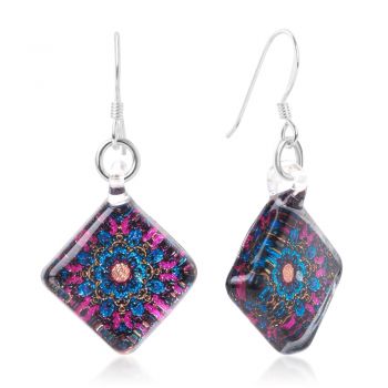 SUVANI Sterling Silver Hand Blown Glass Blue & Pink Mandala Art Flower Square Dangle Earrings