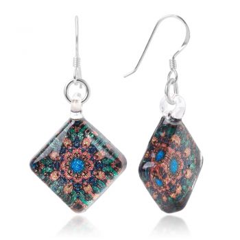 SUVANI Sterling Silver Hand Blown Murano Glass Multi-Colored Magic Mandala Flower Square Dangle Earrings
