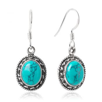 SUVANI Sterling Silver Reconstituted Turquoise Stone Oval Shaped Rope Edge Dangle Hook Earrings 1.3"